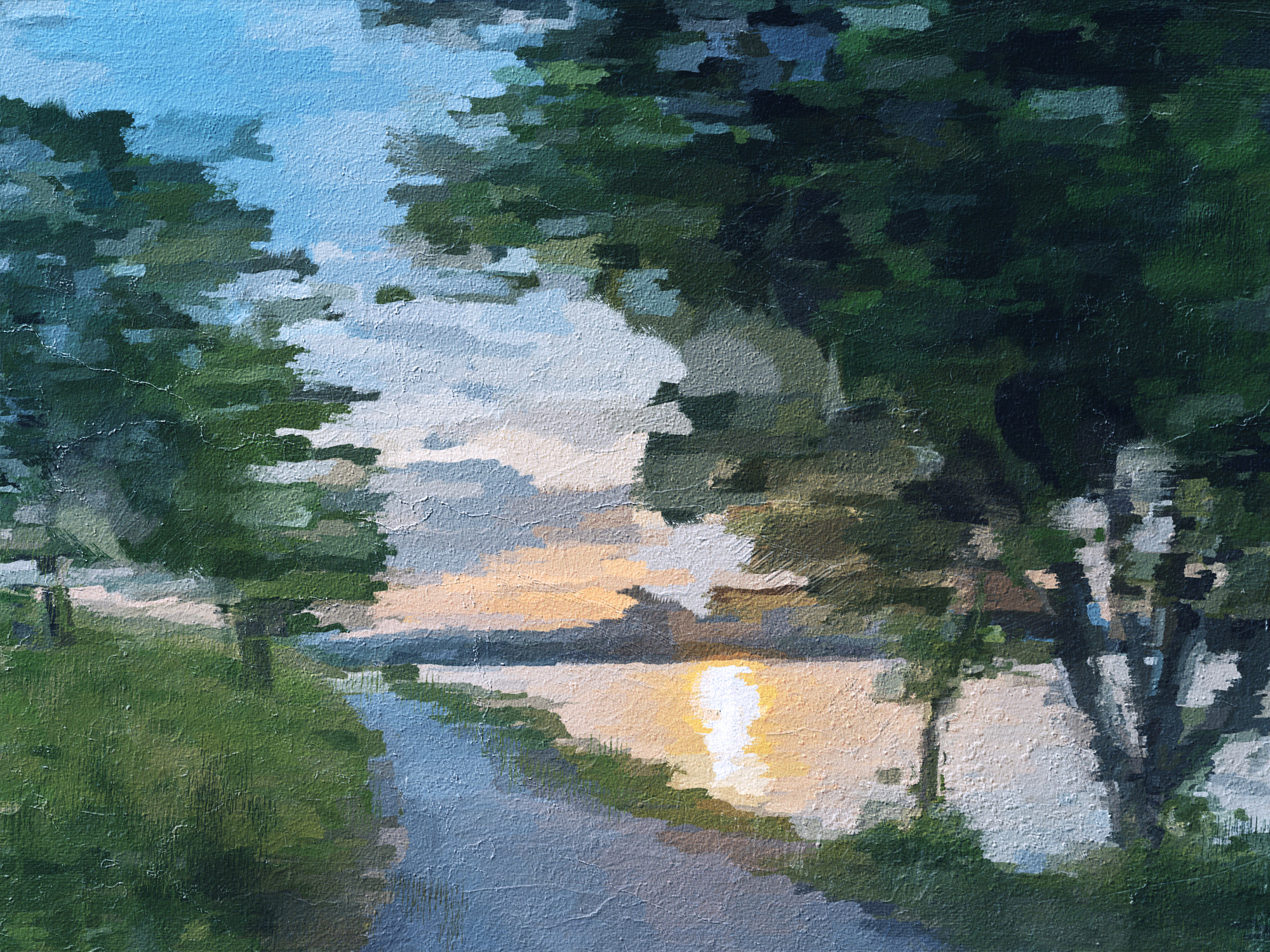 A Monet inspired impressionist painting. We stand on a curving path next to the water, trees rising beside us. The sun is setting off in the distance behind the shadows that allude to a city. It is the "golden hour" when sunlight bathes so purely across the skies.