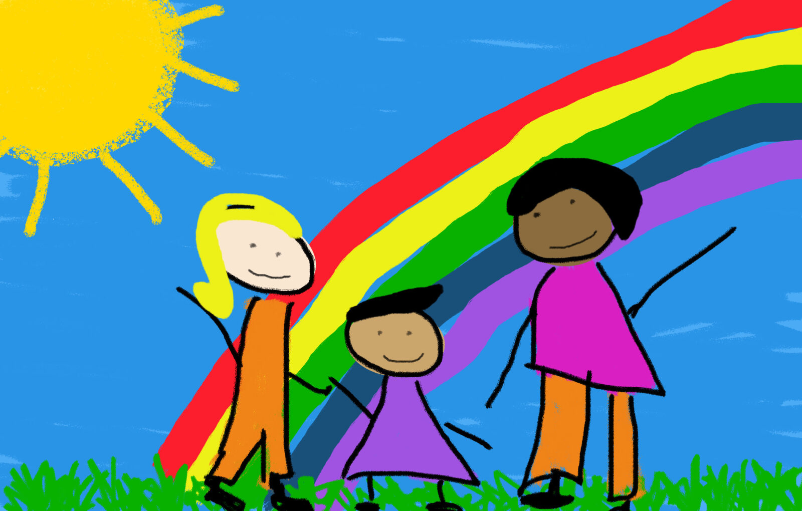 A childlike illustration showing a same-sex, multi-cultural family with their child. The sun shines and a rainbow arcs down behind them as they stand smiling and waving to the viewer.