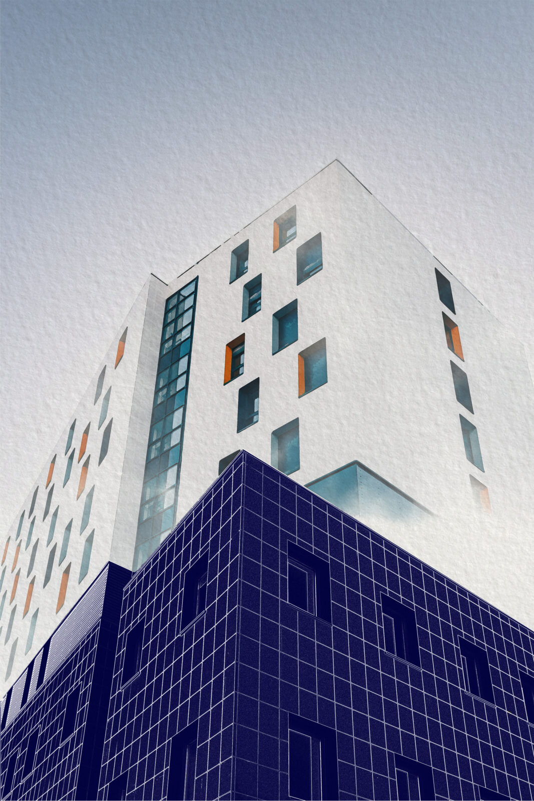 A watercolour apartment building emerges ethereally from a blueprint of the lower part of the building, reaching into the possibility of what it will one day become.