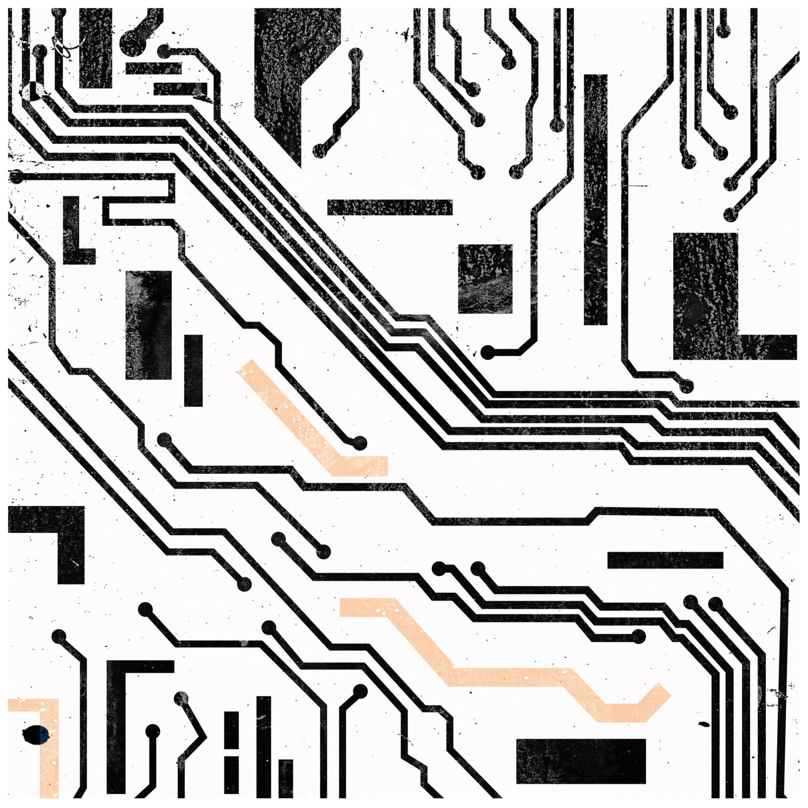 A minimalist geometric illustration in black, white and peach depicts an artistic take on the classic computer chip, with geometric lines, blocks and nodes etching an angular pattern across the textured white background.