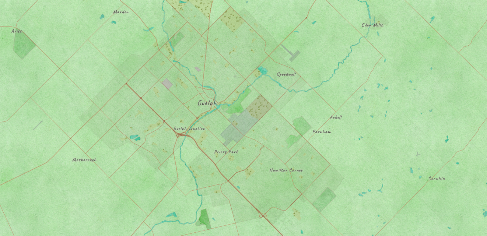 A watercolour map of the city of Guelph and it's surrounding areas.