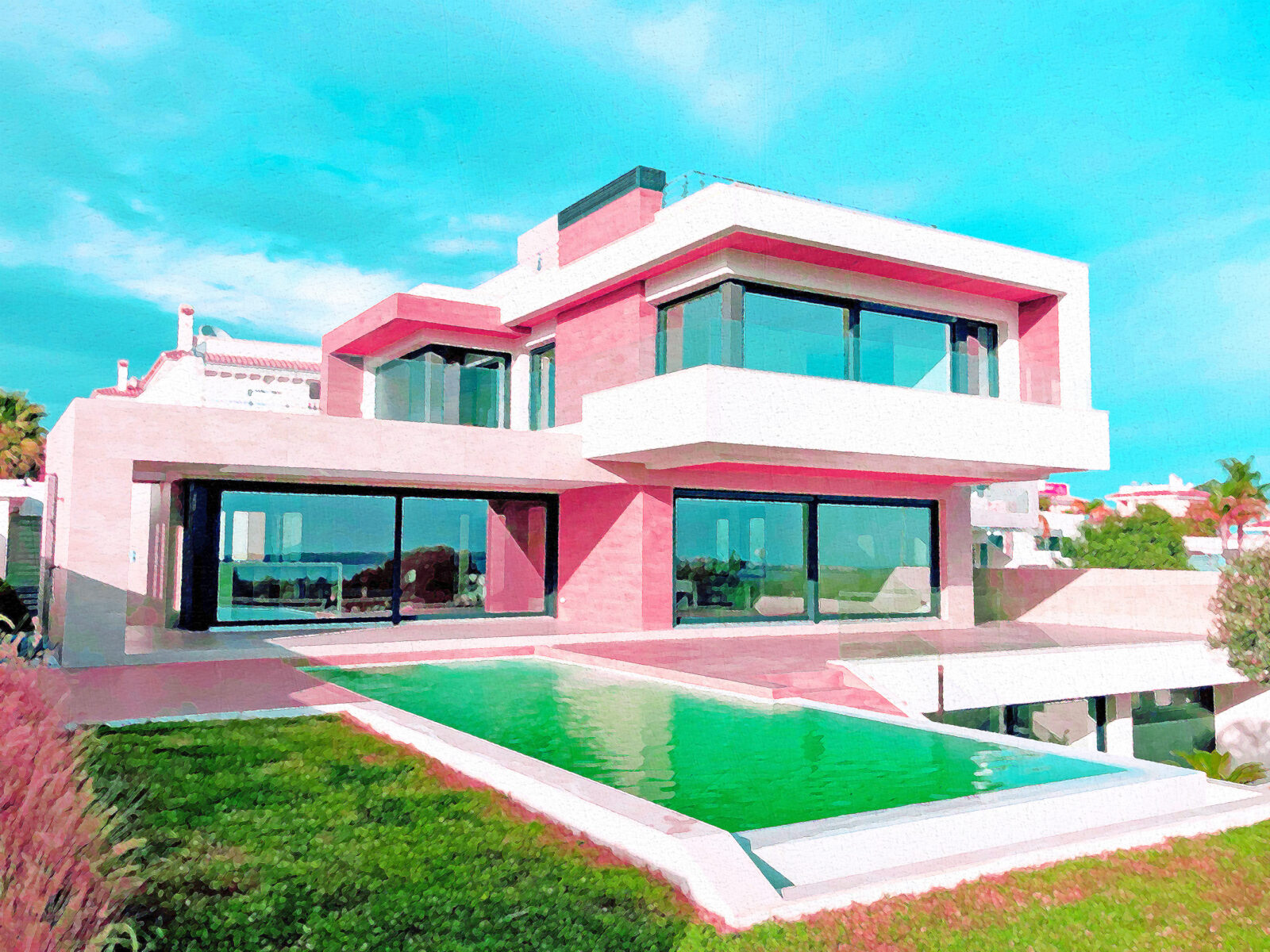 A bright miami-esque painting of a modern architecture home with a pool. The colours are bright, sun-bathed. The house is shades of pink, the water in the pool a clear green, and the sky a vibrant blue. It is a summer day that one wishes one could just dive into.