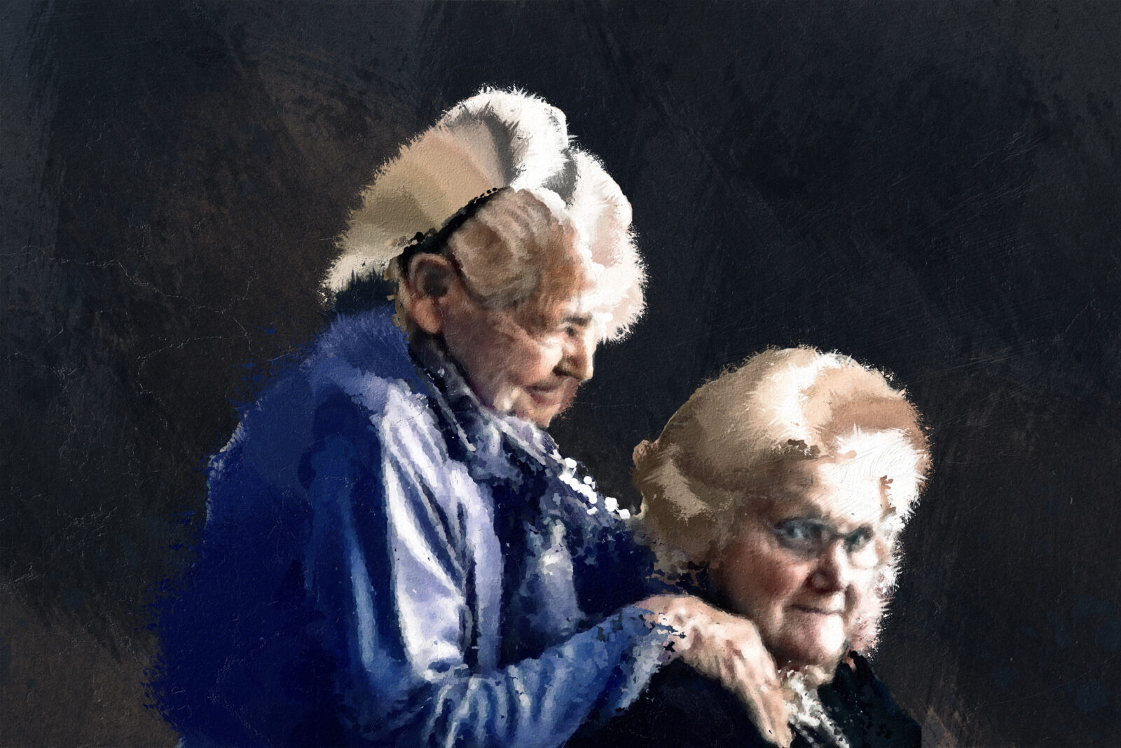 An oil painting of two elderly women, friends. The chinese woman stands smiling, her hands on her friend's shoulders. Her friend is seated, also smiling and staring towards the viewer.