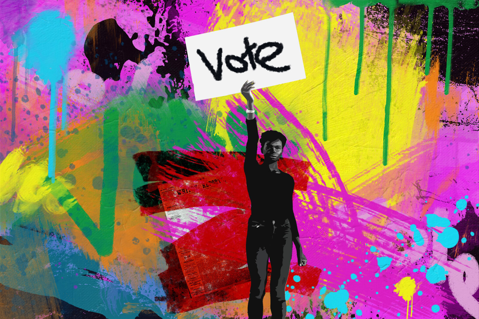 A cut-out image of a strong woman stands, holding a VOTE sign aloft above her head. The background of the piece is a cacophony of colours, etched and painted, sprayed and splattered across the canvas in the style of Mr. Brainwash.